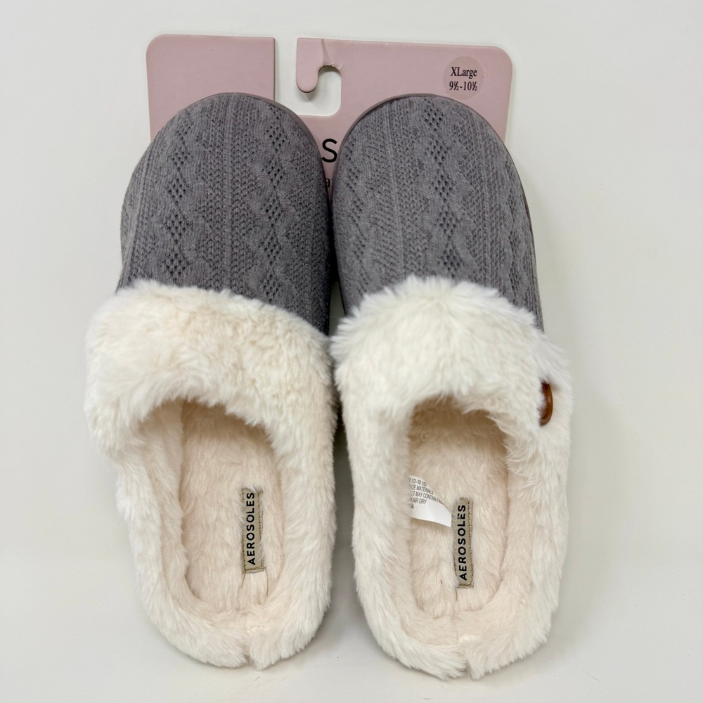 Aerosoles Womens XL 9 to 10‎ Memory Foam Slippers Cozy Knit Faux Fur Lined Gray